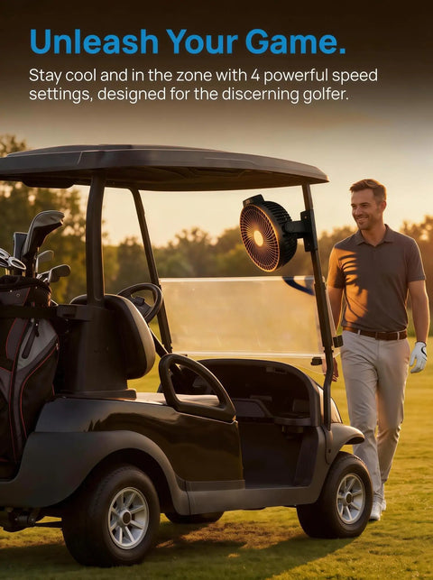 Keep Your Cart Fresh With This Rock Solid Two Pack Eight Inch Magnetic Golf Cart Fan featuring a heavy duty strap and bright lighting.
