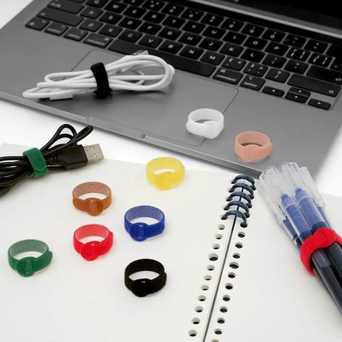 Must Have 150 Piece Cable Tie Set With 4 6 8 10 Inch Reusable Hook And Loop Wire Straps in use on cords near laptop