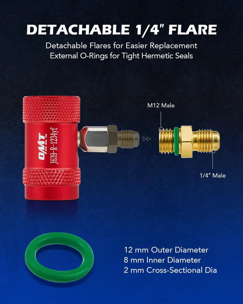 R1234yf Quick Couplers Kit with self-sealing 1/4 inch flare, adapters, and O-ring for HVAC hoses diagnostics and evacuation