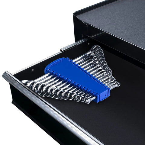 Premium Pro Grade 15 Piece SAE Wrench Set With Rack Organizer Long Pattern Design V Groove Open End And 12 Point Box Ends CrV Steel Mirror Chrome Finish From 1/4 Inch To 1 Inch in drawer rack