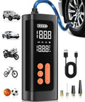 Portable On The Go Tire Inflator Air Pump with Digital Pressure Gauge and Auto Shutoff 3 to 150 PSI fits cars, bikes, USB cable shown