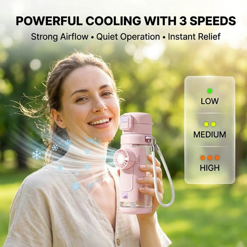 Person holding 2-In-1 Hydration Bottle With Built-In Foldable Cooling Fan, 23 Oz Portable Dual Drinking Cup with 3-speed settings, outdoors