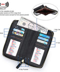 Open view of RFID blocking wallet in small crossbody bag for women with card slots, cash slot, slip pockets, secure zipper