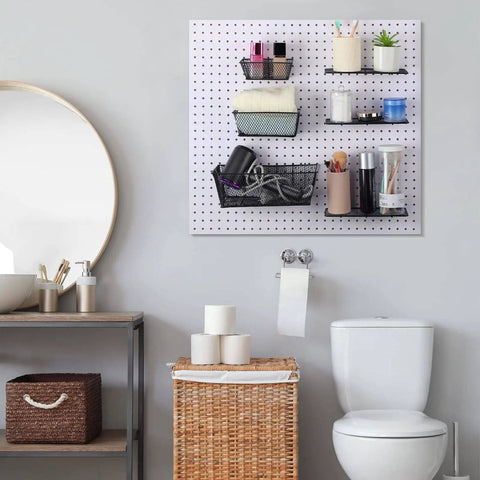 Six Piece Pegboard Baskets Set Wall Mount Wire Pegboard Baskets In Three Sizes Small Medium Large For Tools And Crafts Slatwall Bins Hanging Organizer For Home Garage Black Slick Storage installed in bathroom.