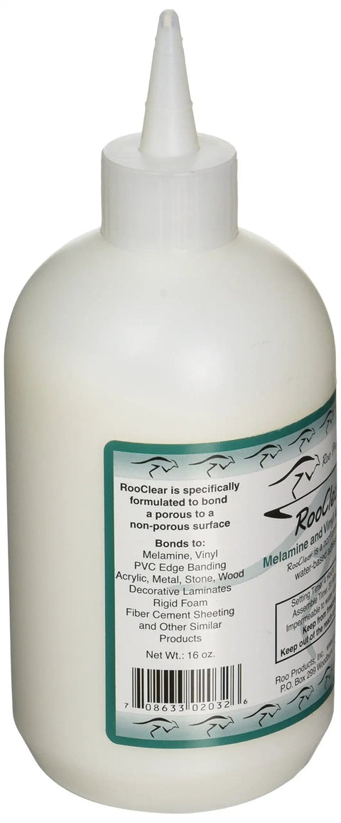 Clear Melamine Glue 16 Oz For Wood And Melamine Surfaces 4 Hour Set Adhesive No Fuss Dries Clear Water Resistant When Dry Bonds Wood To Melamine Melamine To Melamine Vinyl And PVC Edge Banding Biscuits Metal Stone in a 16 oz bottle with label showing bonding instructions.