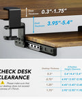 Diagram showing installation of Under Desk Keyboard Tray With Sturdy C Clamp Mount, 32.5 Inch Clamp To Clamp Length, desk compatibility.
