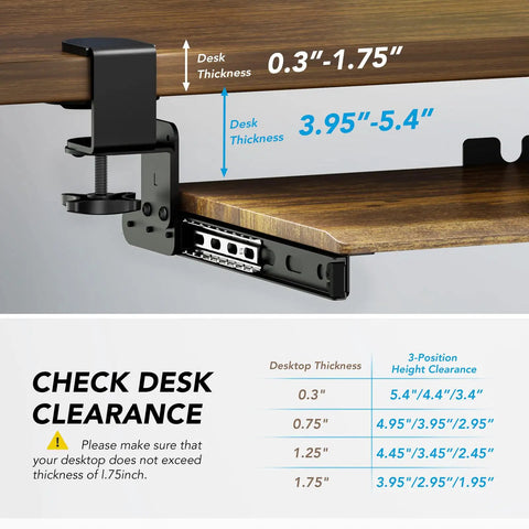 Diagram showing installation of Under Desk Keyboard Tray With Sturdy C Clamp Mount, 32.5 Inch Clamp To Clamp Length, desk compatibility.