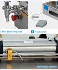 Crush Your Packing Goals With This Smooth Semi Automatic Pneumatic Bottle Filler Machine, foot switch and anti-drip head details.