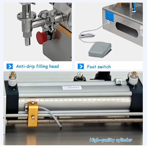 Crush Your Packing Goals With This Smooth Semi Automatic Pneumatic Bottle Filler Machine, foot switch and anti-drip head details.