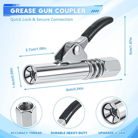 8 Piece Grease Gun Fittings Kit With 90 Degree Coupler And Sleeves, detailed view of chrome grease gun coupler.