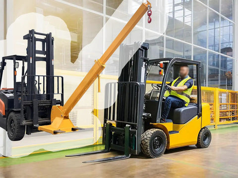Professional Forklift Jib Boom Crane With 0 To 75 Degree Tilt And 2 Ton 4400 Lb Capacity attached to forklift in warehouse.