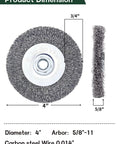 Four Inch Crimped Steel Wire Wheel Brush Compatible With All 4 1/2 Angle Grinders, 4" diameter, 5/8" arbor, carbon steel, for cleaning tasks.