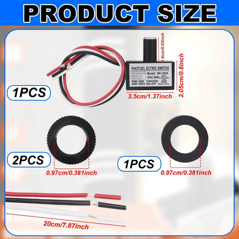 Dusk To Dawn Auto On Off Outdoor Lighting Sensor Switch, 105V-130V AC Photocell With Photoelectric Control size measurements displayed.
