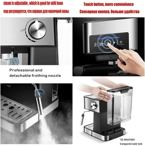 Barista Grade Semi Automatic Espresso Machine With 1350W 20 Bar High Pressure 1.6L Boiler Steam Milk Frother Home Coffee Maker