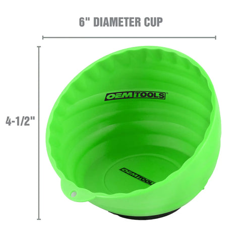 Six Inch Magnetic Nut Cup Bowl Holds Nuts, Bolts And Small Parts On Any Ferrous Metal Surface, Green Coated Magnet Secures To Walls Or Tools