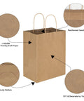 Detailed view of 90 Pack Kraft Paper Bags With Handles Bulk Assorted Sizes For Favors Party Takeout Grocery Retail Craft Merchandise Goody Bags In Three Sizes 5.25x3.25x8.25 In, 8x4.75x10 In, 10x5x13 In showing reinforced handles, 110 GSM kraft paper, sturdy bottom and DIY decoration.