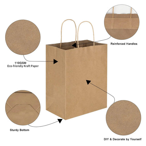 Detailed view of 90 Pack Kraft Paper Bags With Handles Bulk Assorted Sizes For Favors Party Takeout Grocery Retail Craft Merchandise Goody Bags In Three Sizes 5.25x3.25x8.25 In, 8x4.75x10 In, 10x5x13 In showing reinforced handles, 110 GSM kraft paper, sturdy bottom and DIY decoration.