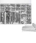 Heavy Duty Stainless Steel Bolt Nut Washer Kit With M5 M6 M8 M10 Socket Cap Screws, 365 Piece All In One Assortment For Auto Repairs, Home Improvement, Furniture Projects And DIY Gear. Open kit with screws, nuts, washers and hex keys