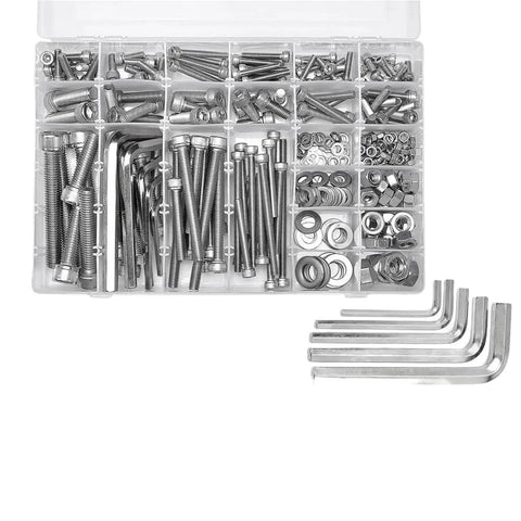 Heavy Duty Stainless Steel Bolt Nut Washer Kit With M5 M6 M8 M10 Socket Cap Screws, 365 Piece All In One Assortment For Auto Repairs, Home Improvement, Furniture Projects And DIY Gear. Open kit with screws, nuts, washers and hex keys