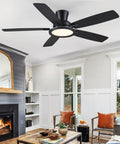 52 Inch Flush Mount Ceiling Fan In Matte Black With Rgb Lighting And Led 3Cct Dimmable Bulbs, in modern living room with fireplace.