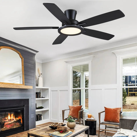 52 Inch Flush Mount Ceiling Fan In Matte Black With Rgb Lighting And Led 3Cct Dimmable Bulbs, in modern living room with fireplace.