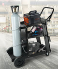 Heavy Duty 3 Tier Welding Cart With 360 Degree Swivel Wheels, Tank Storage And Safety Chains, Rolling Cart For MIG TIG ARC Plasma Cutter Welder, 400 Lb Capacity in a workshop setting.