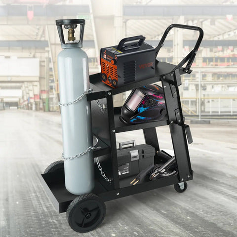 Heavy Duty 3 Tier Welding Cart With 360 Degree Swivel Wheels, Tank Storage And Safety Chains, Rolling Cart For MIG TIG ARC Plasma Cutter Welder, 400 Lb Capacity in a workshop setting.