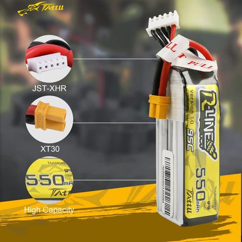 R Line 550mAh 4S 14.8V 95C Lipo Battery Pack With XT30 Plug For FPV Racing Quad Copter, connectors and branding details visible