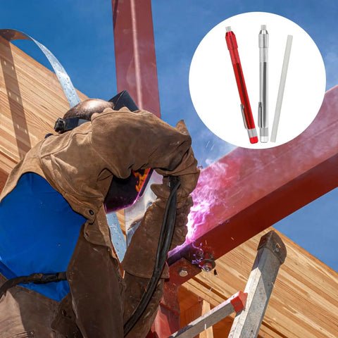 Welder using Round Soapstone Holder Kit With Refills, 2 Holders And 14 Refills For Welding on metal structure, close-up.