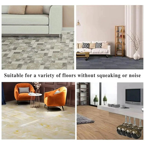 Collage showing 4 Pack 2 Inch Ball Caster Wheels With Stem Swivel For Furniture And Chairs on various floors.