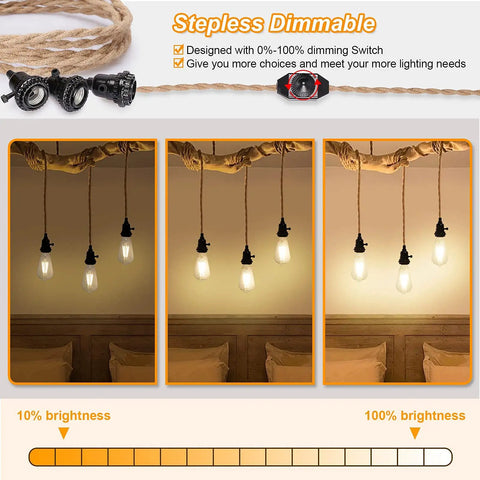Pendant Light Cord Kit With Stepless Dimmer 28.5ft showing dimming control and vintage twisted hemp rope in bedroom setting.