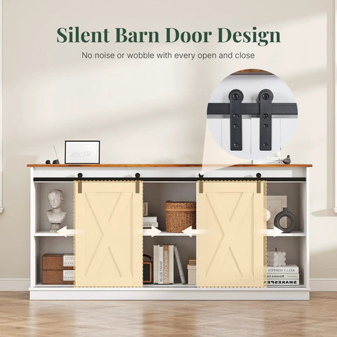 Slick Farmhouse TV Stand For 65 Inch Flat Screen Television featuring smooth sliding barn doors and creamy milk white finish.