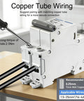 Side view of DC 500V 25A 2 Pole Photovoltaic Circuit Breaker for Solar PV System Grid DIN Rail Mount with wires connected.
