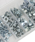 80Pcs T Nuts Set In Carbon Steel Galvanized Finish, organized in a storage box with multiple compartments, durable hardware