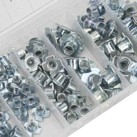 80Pcs T Nuts Set In Carbon Steel Galvanized Finish, organized in a storage box with multiple compartments, durable hardware
