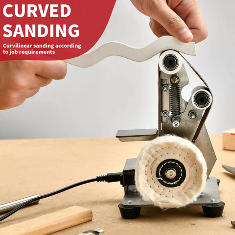 Mini Electric Belt Sander Knife Sharpener Bench Grinder With Polishing Wheel Sanding Belts And Pads Built For Straight Shooting Precision And No Sweat Workshop Grinds for curved sanding process.