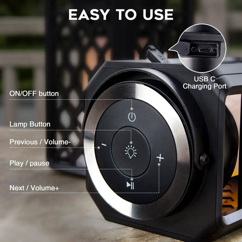 Outdoor Bluetooth Speaker With Lit Flame Atmosphere And Waterproof Design Wireless with control buttons and USB C port.