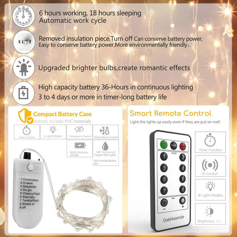Six Pack Battery Operated Fairy Lights With Timer And Remote Six Point Five Foot Copper Wire 20LED Warm White Twinkle Lights Waterproof Firefly String For Mason Jar Wedding Party Christmas Centerpiece And Decor with compact battery case and remote control