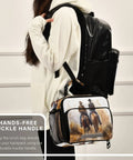 North American Desert Cowboy Insulated Lunch Bag With Buckle Handle shown clipped to backpack