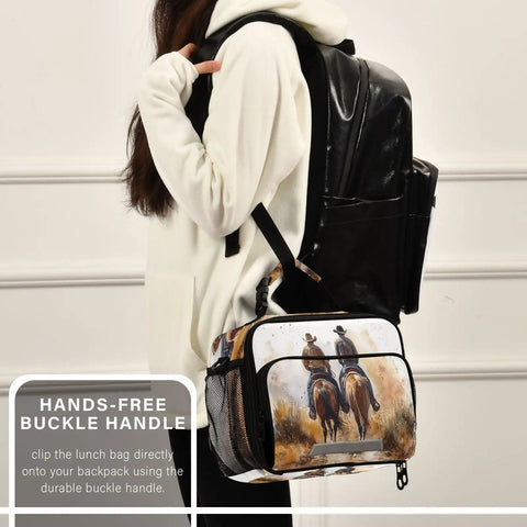 North American Desert Cowboy Insulated Lunch Bag With Buckle Handle shown clipped to backpack