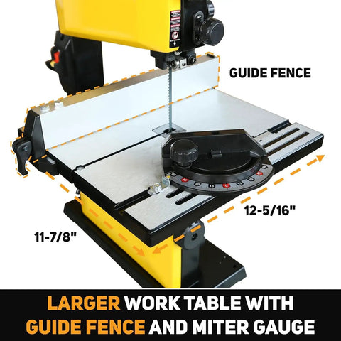 3 Amp 9 Inch Band Saw For Woodworking With 2500 FPM Blade Speed Benchtop Bandsaw showing guide fence and miter gauge