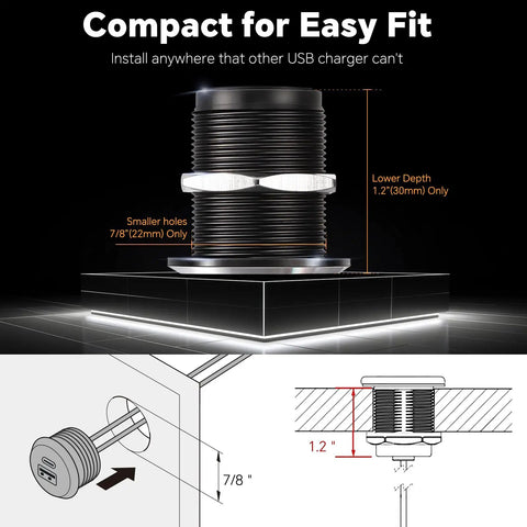 Top Shelf Aluminum 12V USB Outlet And Dual Port Fast Charging Car Charger Built For Tough Daily Rigs dimensions for easy fit, showing 7/8 inch size.