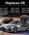 Automobile with overlay of oil filter, replacement part numbers, and Three Piece Engine Oil Filter Set With Drain Plug Washers For Toyota Corolla Camry Prius Yaris Matrix Fits 1992 To 2021 Replacement Kit For Quick Easy Budget Friendly Maintenance.