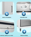 Features of Top Shelf One Door Reach In Freezer packing 23 cubic feet, including built-in handle, cooling fan, lock, and break wheel.