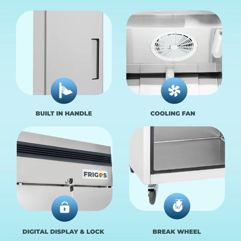 Features of Top Shelf One Door Reach In Freezer packing 23 cubic feet, including built-in handle, cooling fan, lock, and break wheel.