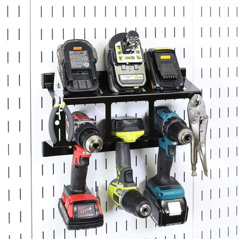 Pegboard Drill Holder For Pegboard System Compact Black Power Tool Storage Rack That Holds Up To 3 Drills Or Tools And 3 Spare Batteries