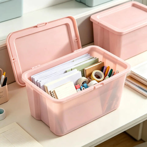 Sick Space Saver Pink Plastic Storage Bin Knocking Clutter Out With 18 Gallon Stackable Tote filled with office supplies.