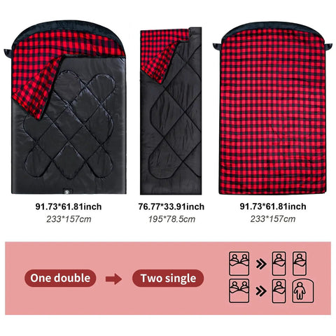 Cozy Double Sleeping Bag For Adults With 2 Pillows, flannel cotton, showing versatile sizes and conversion to two singles.