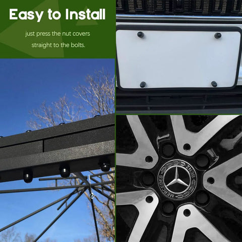 Close-up of black plastic dome bolt caps on car wheel and license plate, part of 161 Pcs Bolt Covers Kit For Hex Head Bolts M4 M5 M6 M8 M10 M12.