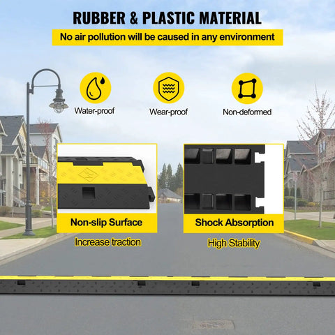 Two Channel Cable Protector Ramp Set Four Pack Modular Rubber Speed Bump Mats for Driveways, overview of features and materials.